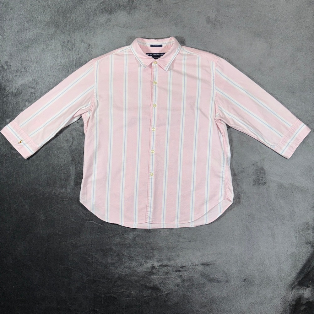 Ralph Lauren Sport Pink Blue Striped Slim Fit Cotton 3/4 Sleeve Button Down Top